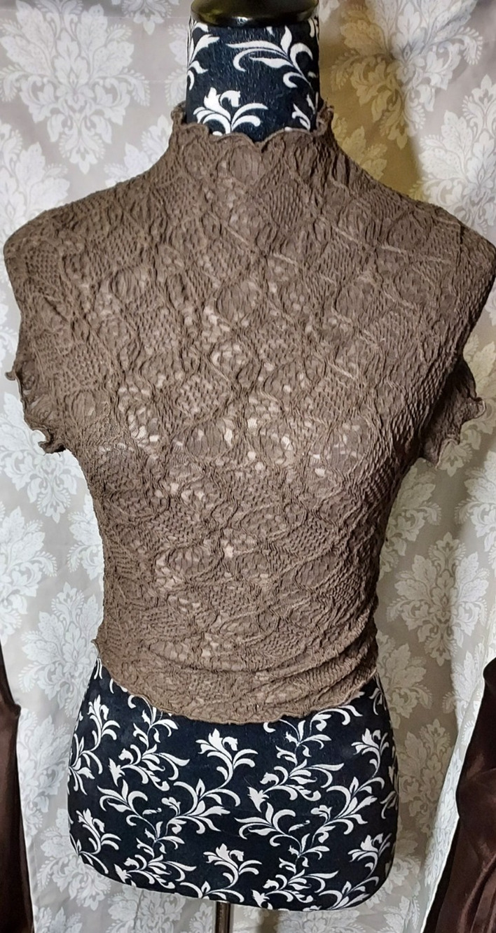 Shein Sheer Brown Mock Neck Short Sleeve Top Size Small